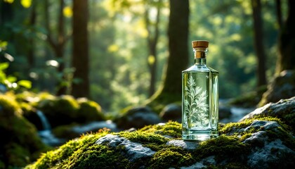 Forest Gin Bottle on Mossy Rocks Natural Scene