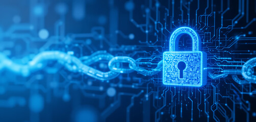 Abstract block chain cyber security protection burning blue Color gradient background, lock inspired, minimalist, chain digital lock, 