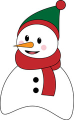 A flat vector snowman with a red scarf and a green hat. A cute Christmas character.