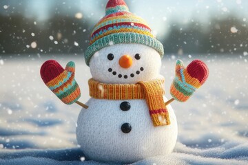 Fototapeta premium Cheerful Snowman with Colorful Knitted Hat and Mittens
