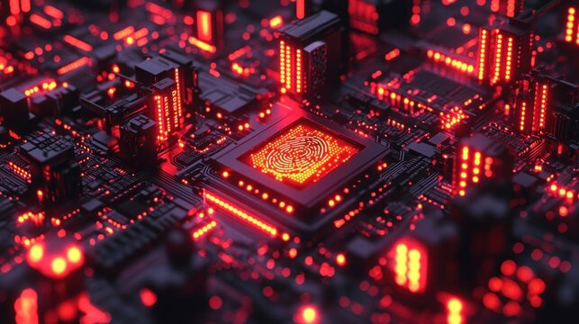 Red glowing CPU in circuit board; data processing