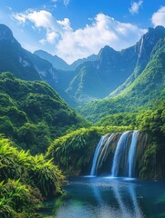 Fototapeta premium A lush tropical waterfall cascading through the jungle, offering a picturesque outdoor experience and an abundant source of fresh water.