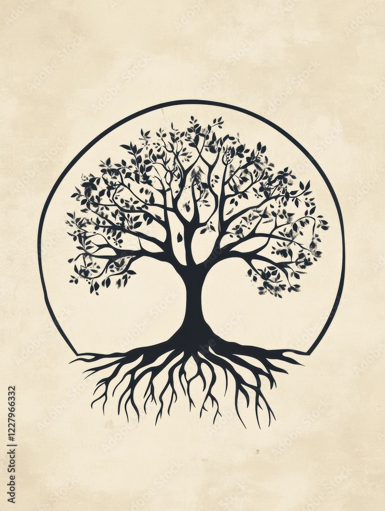 Poster Symbolic representation of a tree of life with intricate roots and branches in a circular design. Generative AI