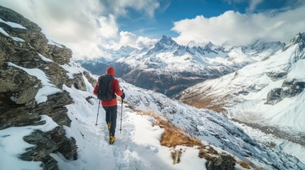 A person hikes up a snowy mountain trail, enjoying the adventure of outdoor winter activity.