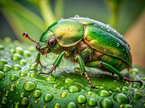 June Bug Macro Photography: Close-Up of a Green June Beetle on a Leaf