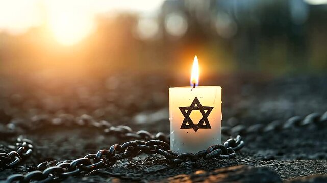 A candle burns brightly in the foreground with a broken chain lying beside it, the Star of David glowing softly, conveying a powerful message of remembrance and freedom.