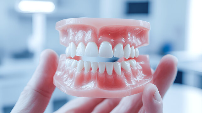 dentures in the hands of a doctor