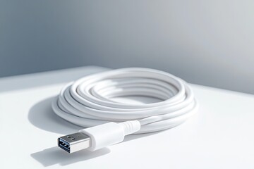 neatly coiled usb-c cable on clean white surface sharp focus highlighting texture and precision soft natural light