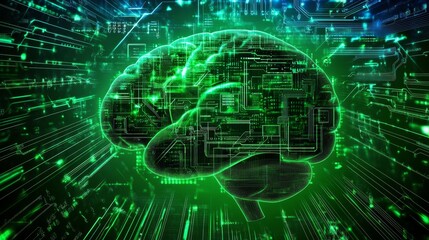 Fototapeta premium Digital Brain Circuitry, Green Glow, AI Concept, Artificial Intelligence, Neural Network