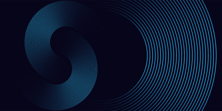 Abstract blue glowing geometric lines on dark blue background. Modern shiny blue circle lines pattern. Futuristic technology concept. Suit for cover, poster, banner, brochure, header, website