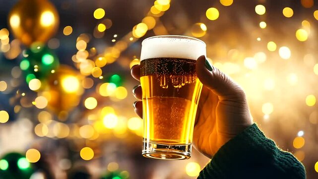 A blurred figure in a leprechaun hat joyfully raises a glass of green beer, with a background of golden balloons, shamrocks, and twinkling fairy lights.