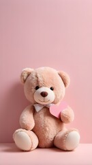 Obraz premium A plush teddy bear holding a handwritten love note, sitting on a soft pink background. 