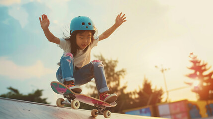 asian child skater or kid girl playing skateboard or surf skate and ollie jumping fun or raise wheel manual in skate park by extreme sports to wear helmet elbow pads wrist knee support for body safety