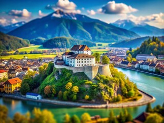 Fototapeta premium Kufstein Fortress & Festival: Miniature Tyrolean Landscape, Tilt-Shift Photography