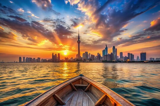 Kuwait City Skyline from a Dhow Boat: Stunning Gulf View at Sunset