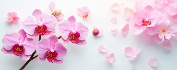 Fototapeta premium soft pastel colors of flowers on a white background, whimsical, pastel flowers, orchid