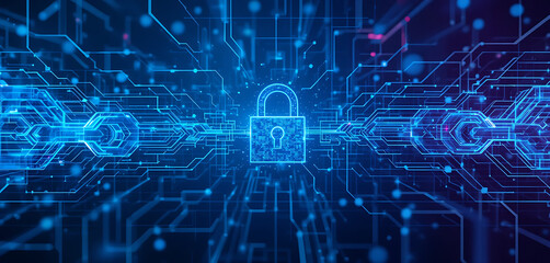 Fototapeta premium Abstract block chain cyber security net blue Color gradient background, lock inspired, minimalist, chain digital lock, 