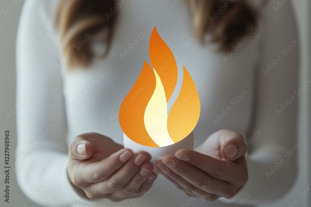 Poster bright flame icon held by hands against a neutral background emphasizing warmth and comfort during a