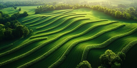 Fototapeta premium Beautifully curved green fields ripple across the landscape under soft morning light at a rural farm