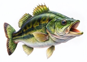 Fototapeta premium Largemouth Bass Fish Isolated on White Background - High-Resolution Aerial Stock Photo