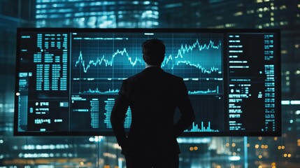 A businessman standing in front of a large screen with stock market charts and graphs, a financial data analysis concept. 