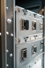 Close-up view of servers in a rack, featuring ventilation grills and storage drives.