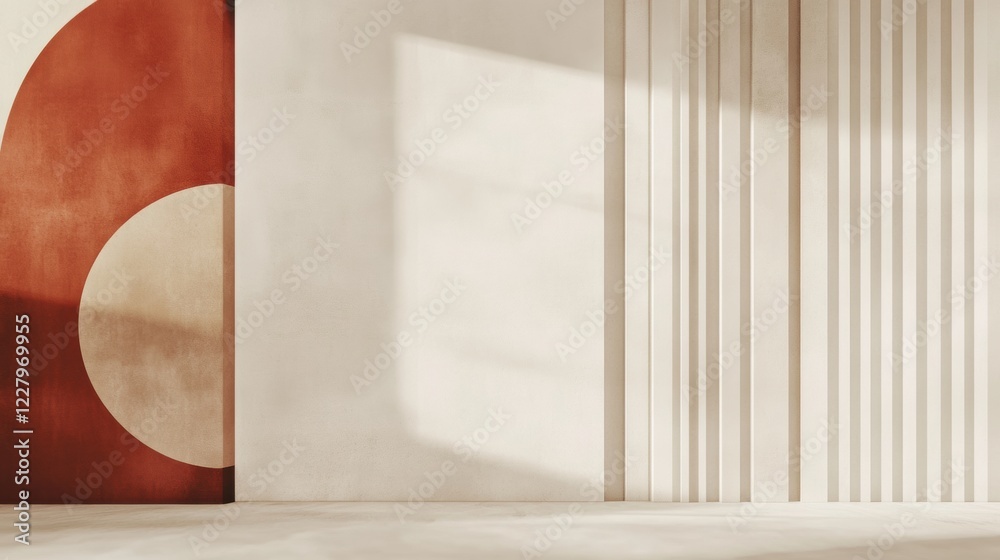 Poster modern interior design showcasing contrasting textures and colors in a bright, minimalistic space wi