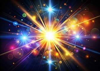 Lens Flare Explosion: Bright Light Burst on Black Background - Stock Photo