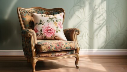 a vintage armchair with a floral patterned soft pillow draped over it