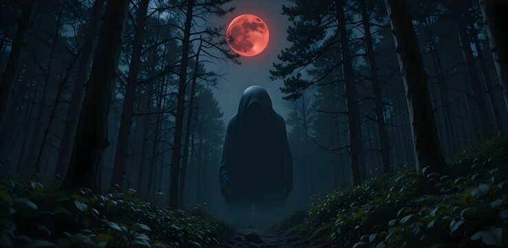 monster in the dark forest and blood red moon 