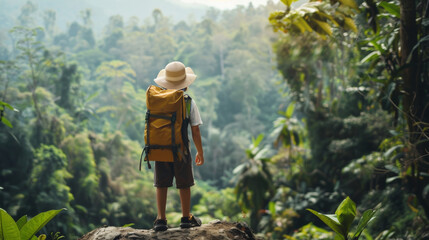 Fototapeta premium A boy enjoying the view of jungle on hills. Hiking in a rainforest.