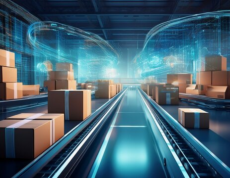 automated warehouse with cardboard boxes on conveyor belts and digital interfaces