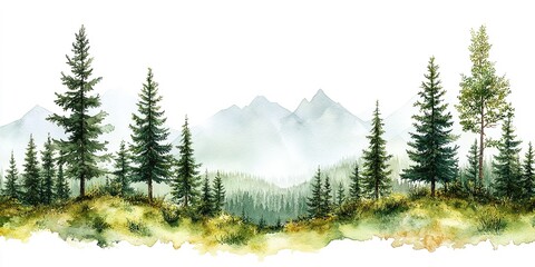 Obraz premium Lush green forest landscape with mountains in the background during a misty morning in a serene natural setting