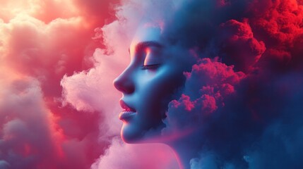 Dreamlike Portrait: A Woman's Face Emerging from Clouds of Vivid Hues