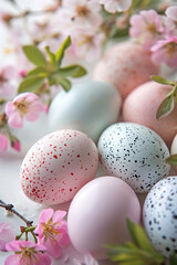 Set of colorful Easter eggs in pastel colors with spring flowers. Close up view. Easter composition or greeting card. Holiday symbol