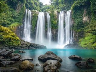 Obraz premium Waterfall cascading into river valley with lush greenery and rocky outcrops.