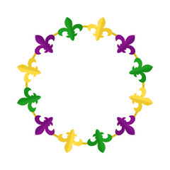 Fleur de Lys Flower vector circle frame. Empty border for Mardi Gras promotion. Garland frame isolated template on white