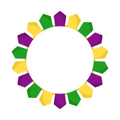 Vector Mardi Gras circle garland frame. Purple, green and yellow flags in circles with empty space on white