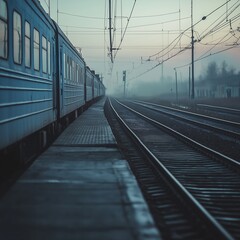 Fototapeta premium A blue train beside tracks shrouded in morning mist.