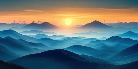 Fototapeta premium Majestic sunrise over rolling hills and wind turbines in a tranquil mountain landscape