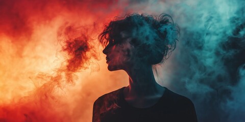 A striking silhouette surrounded by vivid, colorful smoke.