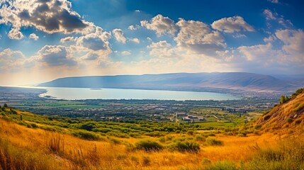 Stunning Galilee Landscape: A Breathtaking Panorama of Israel's Lake and Golan Heights from the Mount of Beatitudes