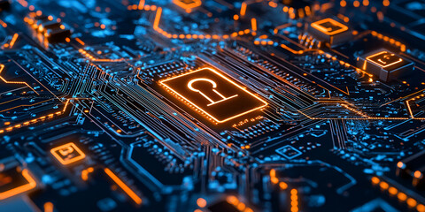 Fototapeta premium Close-Up of High-Tech Circuit Board with Digital Lock Symbol, Futuristic Technology: Digital Circuit Board with Secure Encryption Key