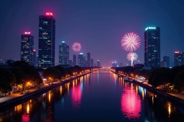 Naklejka premium Cityscape of Hanoi at night with fireworks and colorful lights , fireworks display, vietnam, asian city