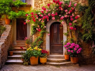 Naklejka premium Summer Flowers Adorn Beautiful Tuscan Doorway of Italian Villa - Tuscan Landscape Street Scene