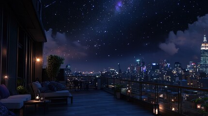 A rooftop terrace with a city skyline at night, a starry sky