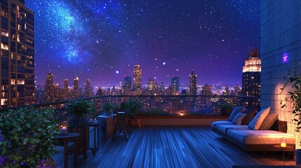 A rooftop terrace with a city skyline at night, a starry sky