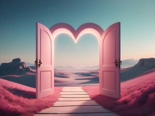 A surreal, glowing heart-shaped door revealing a dreamlike romantic landscape.
