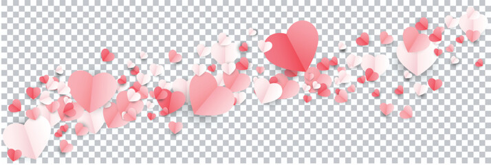 Red, pink and white flying hearts isolated on transparent background.