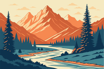 Vibrant mountain landscape, winding river, abstract geometric shapes, warm orange hues, cool blue tones, layered mountains, stylized nature scene, minimalist design, smooth curves, panoramic view, wat